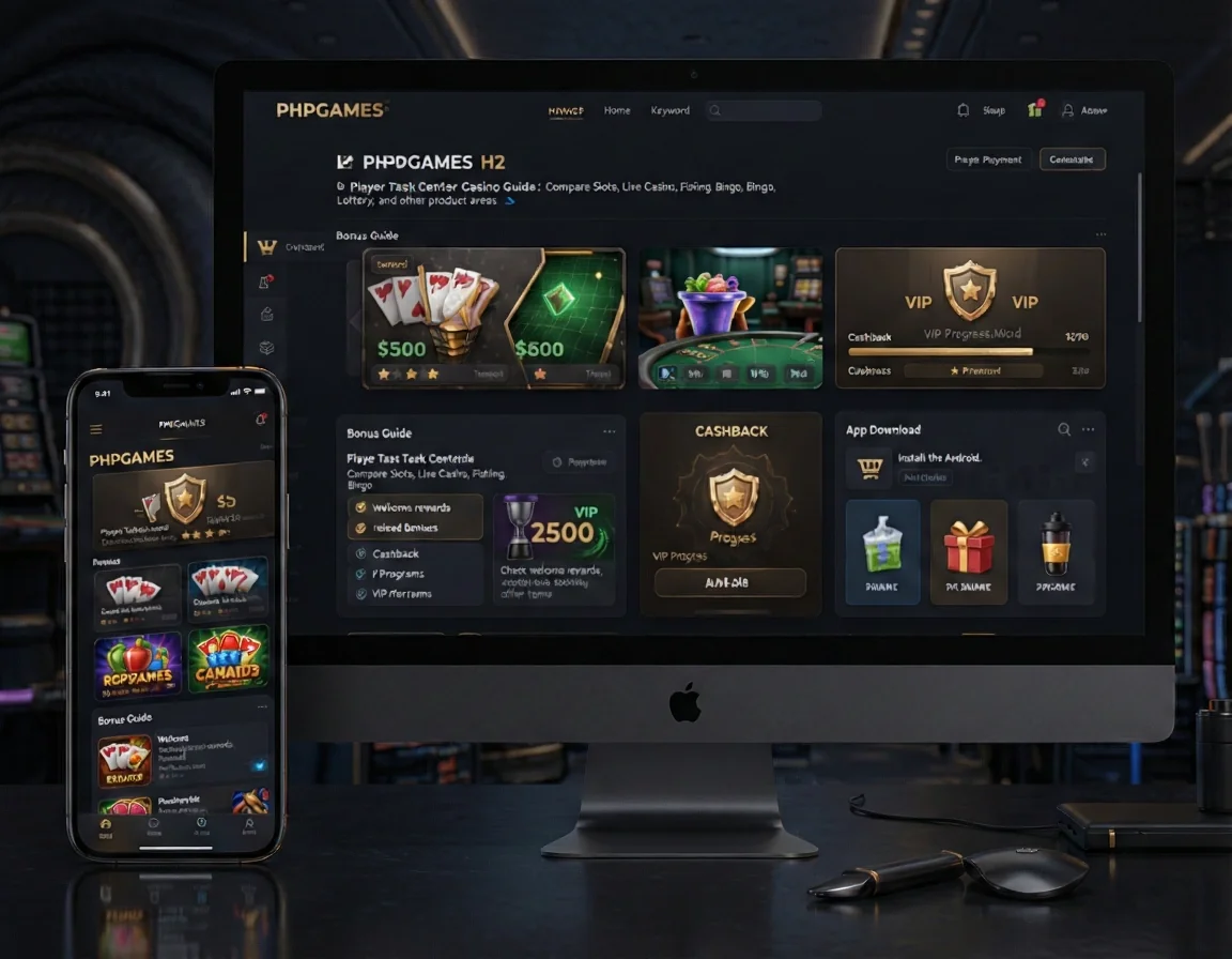 PHPGAMES Page: Home. Keyword: Home. H2: Player Task Center. Paragraph: Player Task Center Casino Guide Compare Slots, Live Casino, Fishing, Bingo, Lottery, and other product areas. Bonus Guide Check welcome rewards, reload bonuses, cashback, VIP programs, and offer terms. App Download Install the Android. List items: . Visual direction: bonus and promotion dashboard with reward cards, cashback panel, VIP progress area and offer comparison modules.
