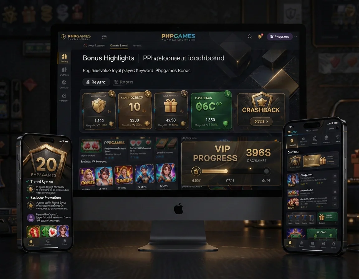 PHPGAMES Page: Phpgames Bonus. Keyword: Phpgames Bonus. H2: Bonus Highlights. Paragraph: PHPGAMES values loyal players through exclusive VIP Rewards. These can include higher deposit limits, faster withdrawals, personalized account managers, and special bonuses not available to regular players. Regularly check your PHPGAMES account or contact. List items: Tiered System: Progress through VIP levels for increasingly better rewards., Exclusive Promotions: Access special Reload Bonus offers and events for VIP members., Personalized Support: Enjoy dedicated assistance from a VIP account manager.. Visual direction: bonus and promotion dashboard with reward cards, cashback panel, VIP progress area and offer