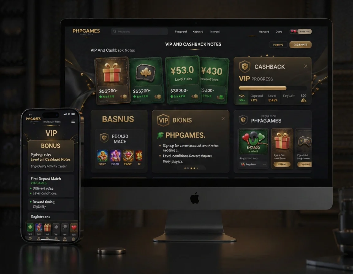 PHPGAMES Page: Phpgames Vip. Keyword: Phpgames Vip. H2: VIP And Cashback Notes. Paragraph: VIP And Cashback Notes Different rules Level conditions Reward timing Eligibility Promotion Activity Center Registration Bonus: Sign up for a new account and receive a special bonus for new players. First Deposit Match: PHPGAMES. List items: Different rules, Level conditions, Reward timing, Eligibility. Visual direction: bonus and promotion dashboard with reward cards, cashback panel, VIP progress area and offer comparison modules.